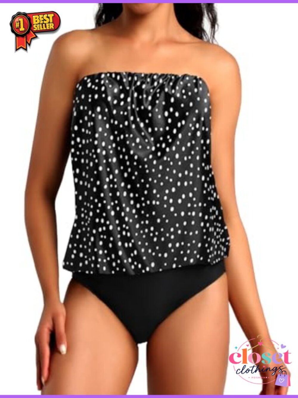 Two Piece Bandeau Tankini Swimsuits for Women Loose Blouson Tummy Control